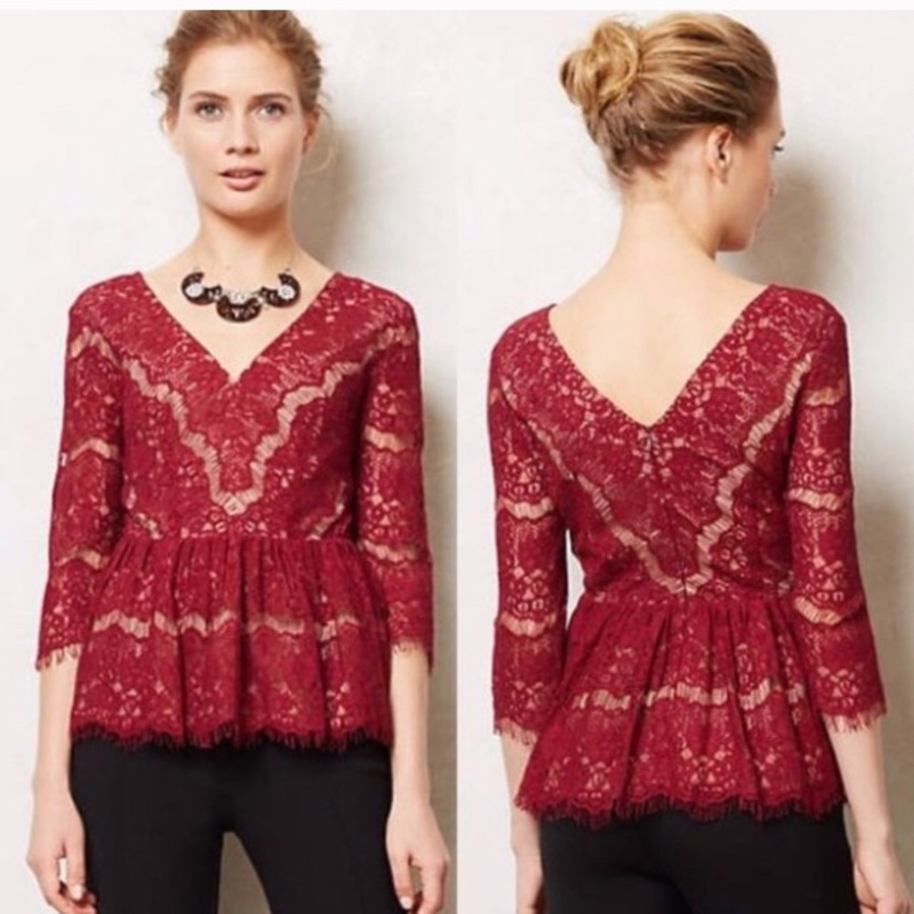 Anthropologie Maeve Burgundy Lace Peplum Top